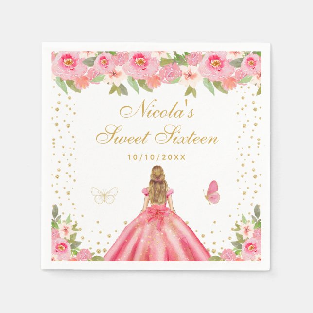 Guardanapo De Papel Princesa de Cabelo Loiro com Florais Rosa Doce Dez (Frente)
