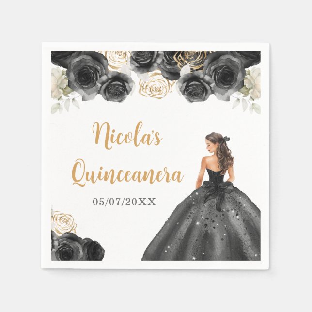 Guardanapo De Papel Princesa Floral em Black Dress Quinceanera (Frente)