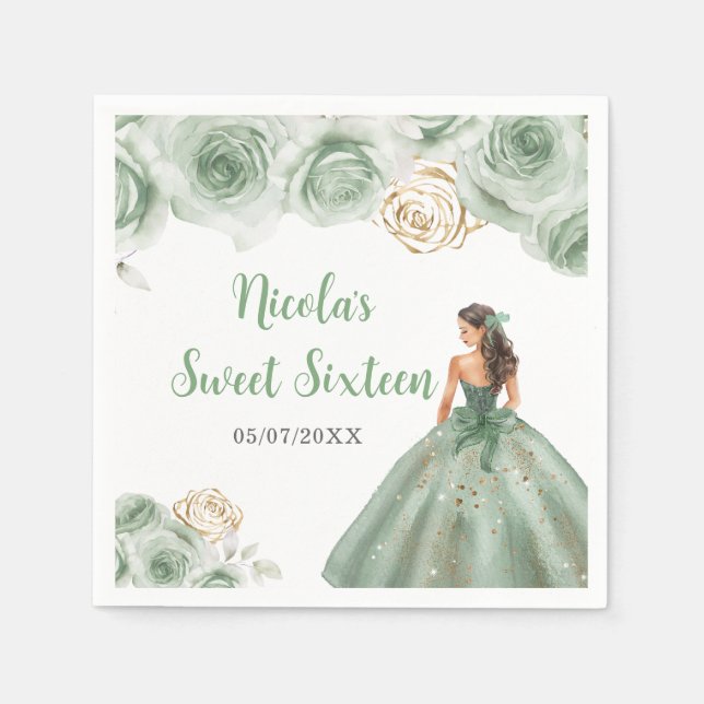 Guardanapo De Papel Princesa Floral em Sage Green Dress Doce Dezesseis (Frente)