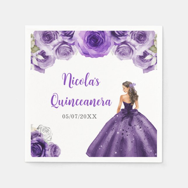 Guardanapo De Papel Princesa Floral em Vestido Roxo Escuro Quinceanera (Frente)