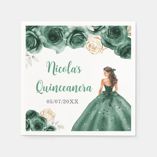 Guardanapo De Papel Princesa Floral na Cintura Verde Escura Quinceaner (Frente)