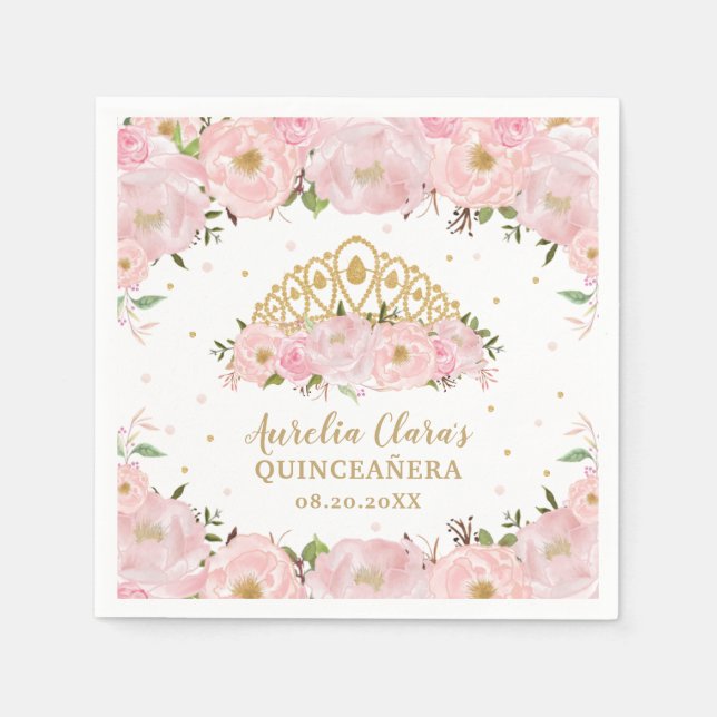 Guardanapo De Papel Princesa Floral Rosa Esmagada Tiara Crown QUINCEAÑ (Frente)