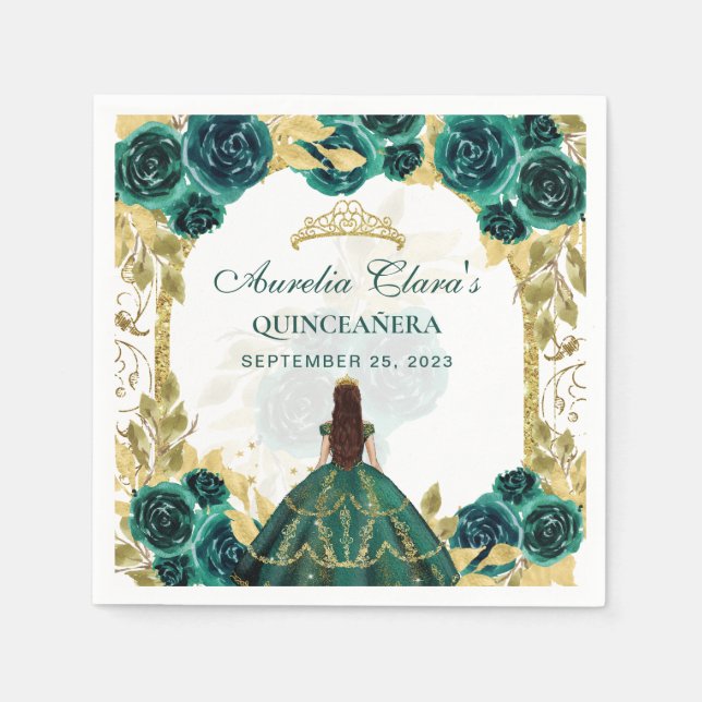 Guardanapo De Papel Princesa Floral Verde Arco Dourado Quinceanera (Frente)