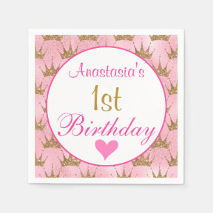 Guardanapo De Papel Princesa Menina Rosa e primeiro aniversario Brilha