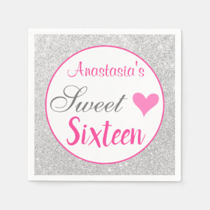 Guardanapo De Papel Princesa Rosa e Silver Glitter Doce Dezesseis