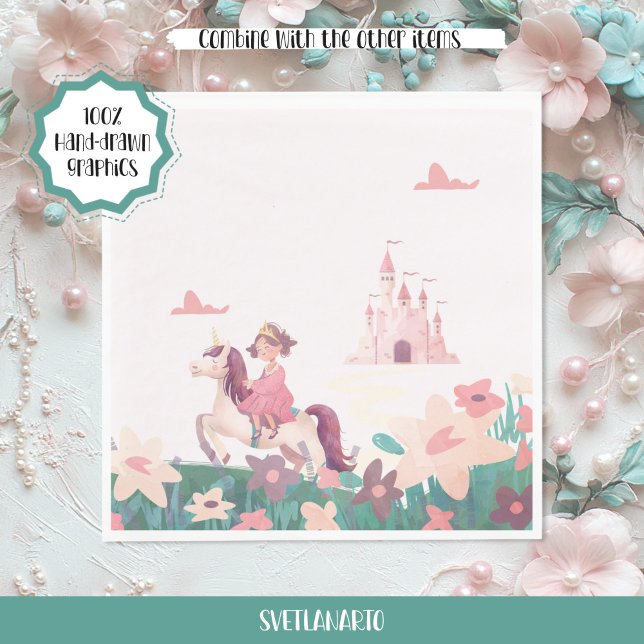 Guardanapo De Papel Princess Riding Unicorn Paper Napkins (Frontal view)