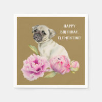 Pug e Peonias | Pintura de Aquarela | Aniversário
