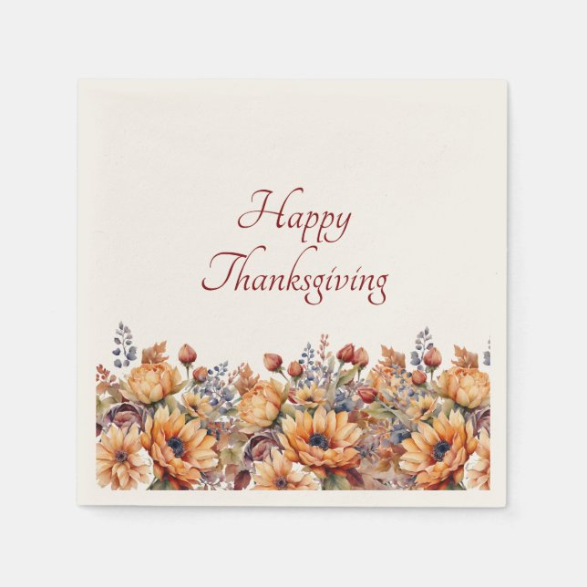 Guardanapo De Papel Pumpkin e Flores de Aquarela de Ação de Graças (Frente)