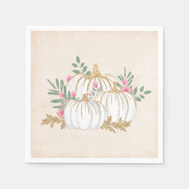 Guardanapo De Papel Pumpkins branco e Dourado Aquarela (Frente)