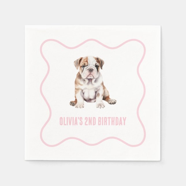 Guardanapo De Papel Puppy bulldog preppy pink plaid birthday (Frente)
