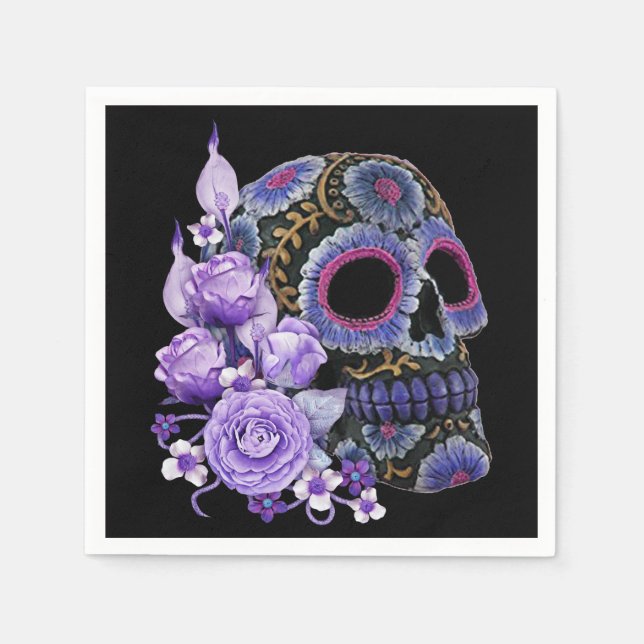 Guardanapo De Papel Purple Floral Black Sugar Skull Dia Dos Mortos (Frente)