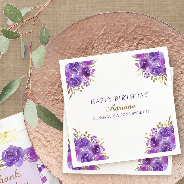 Guardanapo De Papel Purple Floral e Dourada Folha Feliz de Aniversário (Purple floral cocktail napkins from my Rose and Gold Leaf quinceanera collection)