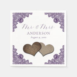 Guardanapo De Papel Purple Floral Lace Burlap Hearts Mr & Mrs Wedding