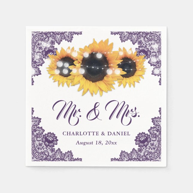 Guardanapo De Papel Purple Floral Lace Sunflower Wedding (Frente)