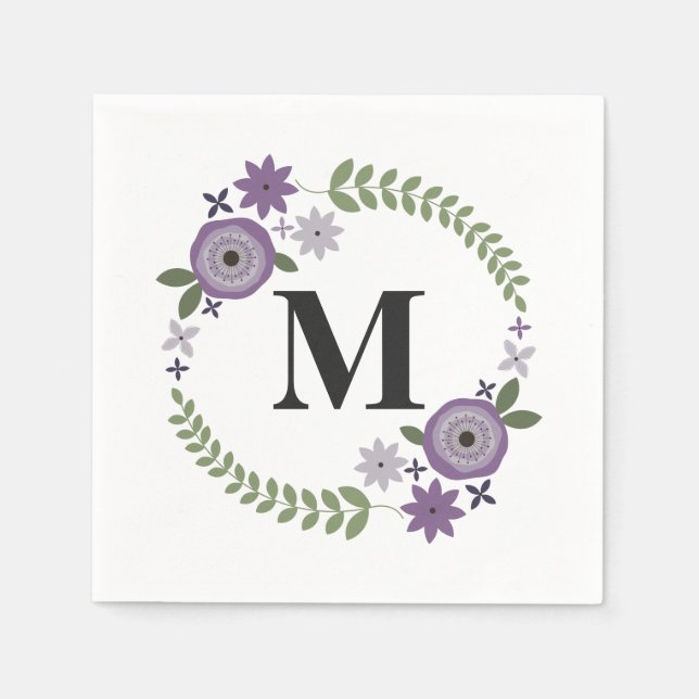 Guardanapo De Papel Purple Floral Wreath Monograma Casamento Napkins (Frente)