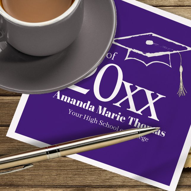 Guardanapo De Papel Purple Graduation Cap Class of 20XX Name (Celebrate your grad in style with a custom purple Class of 20XX party napkin.)