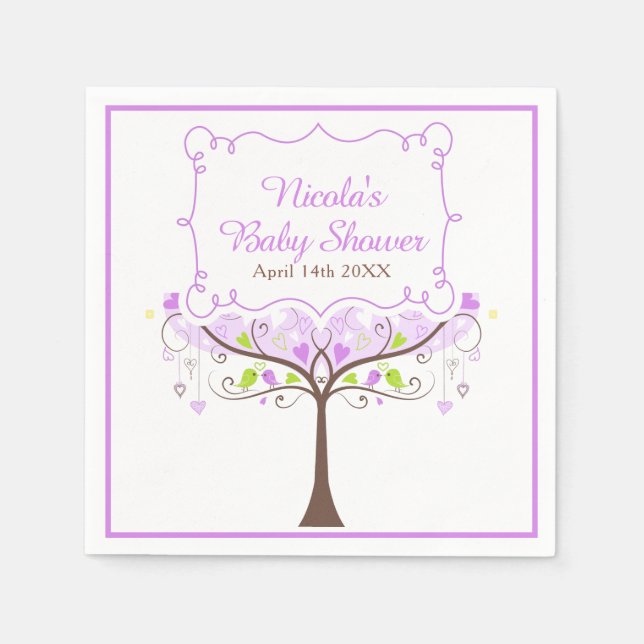 Guardanapo De Papel Purple & Green Floral Bird Baby Shower  (Frente)