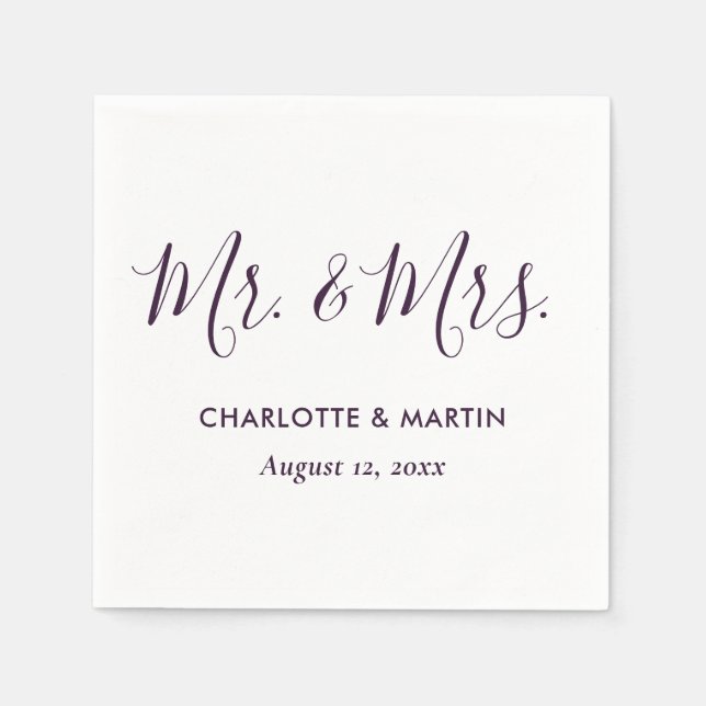 Guardanapo De Papel Purple Modern Script Mr. and Mrs. Wedding (Frente)