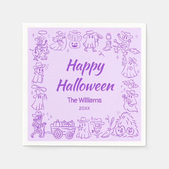 Guardanapo De Papel Purple Quirky Halloween Desenhou Doodles Feliz (Frente)