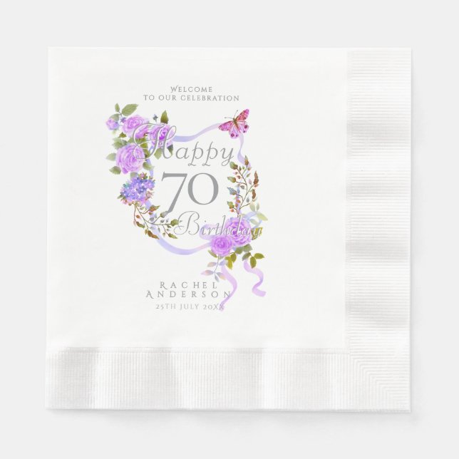 Guardanapo De Papel Purple Rose Ribbon 70th Birthday (Frente)