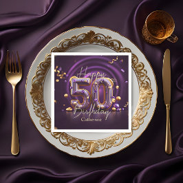 Guardanapo De Papel Púrpura Luxuosa Elegante e 50º aniversário Dourado