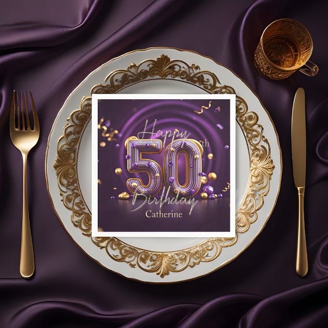 Guardanapo De Papel Púrpura Luxuosa Elegante e 50º aniversário Dourado (Criador carregado)