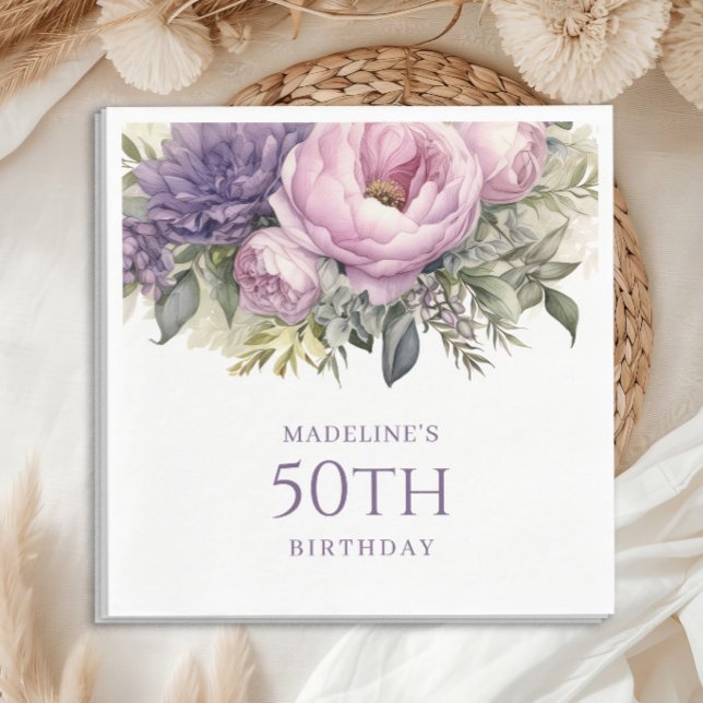 Guardanapo De Papel Púrpura rosa púrpura Floral 50º Aniversário (Elegant purple watercolor floral and greenery birthday party paper napkins)