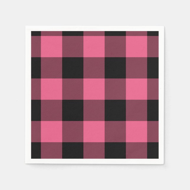 Guardanapo De Papel Quadrados Xadrez Rosa e Preto Buffalo Plaid (Frente)