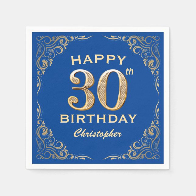 Guardanapo De Papel Quadro azul e brilhante Dourado do aniversário de  (Frente)