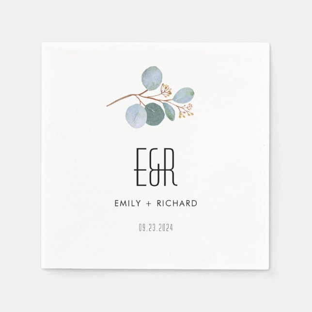 Guardanapo De Papel Quadro Eucalipto verde azul preto em branco (Frente)