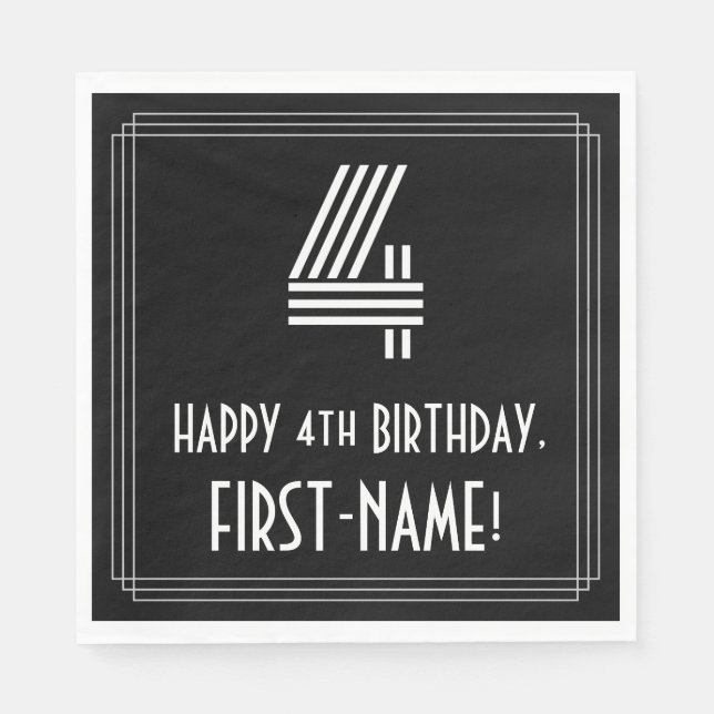 Guardanapo De Papel Quarto aniversário: Art Deco Inspira "4" + Nome (Frente)