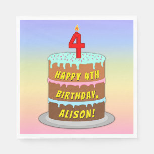 Guardanapo De Papel Quarto aniversário: Bolo e Vela Divertidos + Nome 