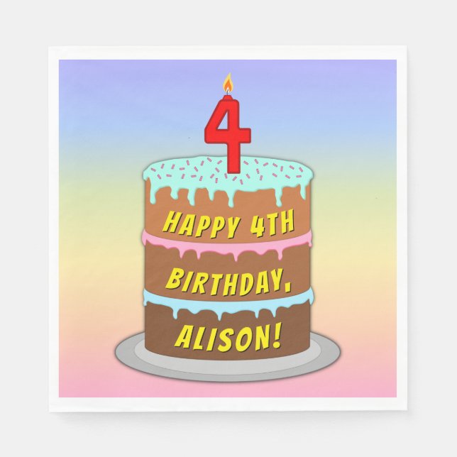 Guardanapo De Papel Quarto aniversário: Bolo e Vela Divertidos + Nome  (Frente)