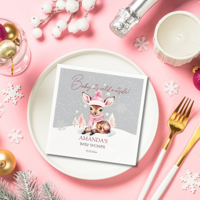 Guardanapo De Papel Querida, está frio lá fora, chá de fraldas de vead (Baby it's cold outside deer winter baby shower tableware personalized napkins cute girl deer in hat)
