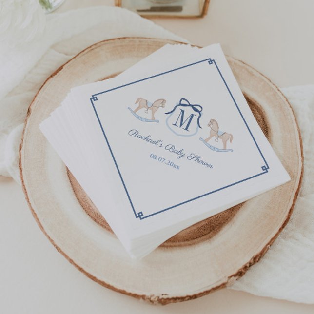 Guardanapo De Papel Querido Monograma Festa de Chá de fraldas de Caval (Smart monogram crest rocking horse baby shower napkins with dark blue accents)