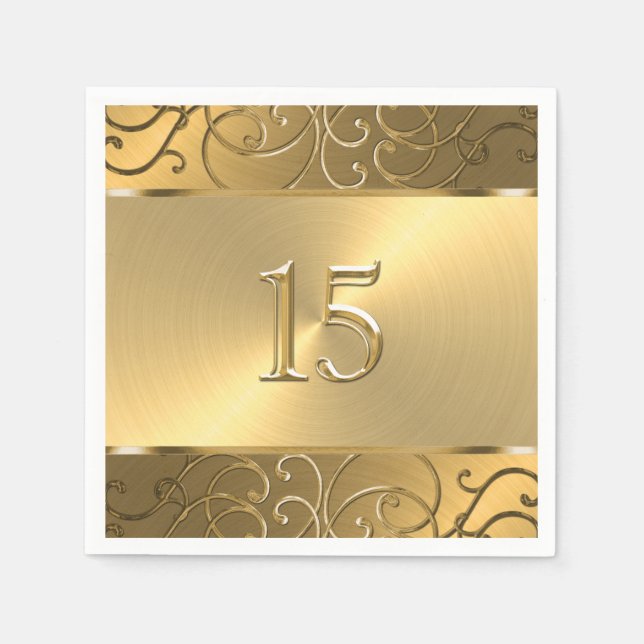 Guardanapo De Papel Quinceanera All Dourado Filigree Swirl Border (Frente)