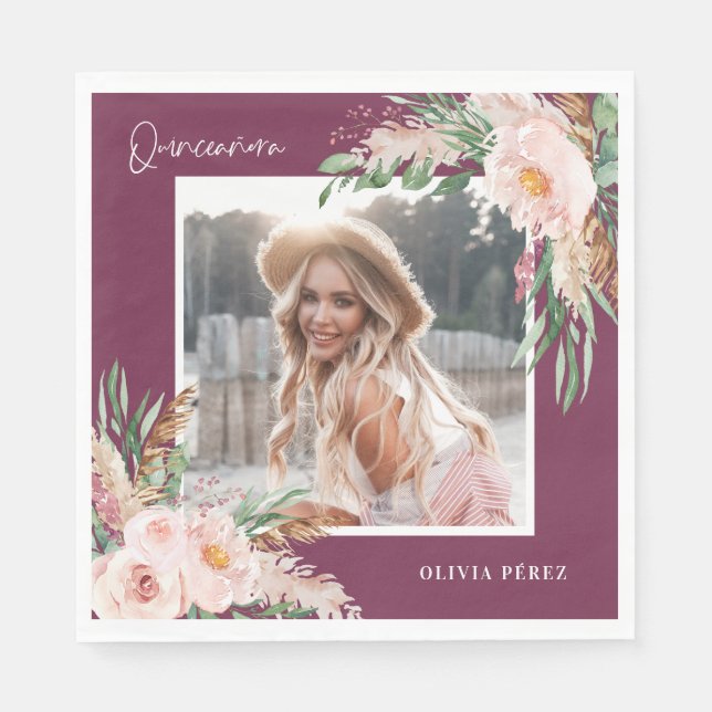 Guardanapo De Papel Quinceañera - aniversário floral de uma menina púr (Frente)