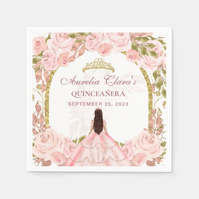 Guardanapo De Papel Quinceanera, Arca Dourada Princesa Floral Rosa Esb (Frente)