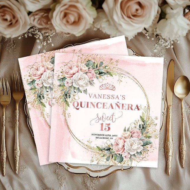 Guardanapo De Papel Quinceañera Birthday Napkins with Rose Gold Flower (Quinceañera Birthday Napkins with Rose Gold Flowers)