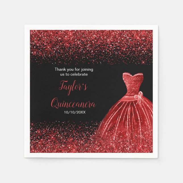 Guardanapo De Papel Quinceanera Bright Red Faux Glitter (Frente)
