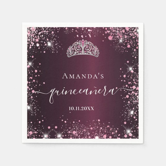 Guardanapo De Papel Quinceanera burgundy rosa tiara name script (Frente)