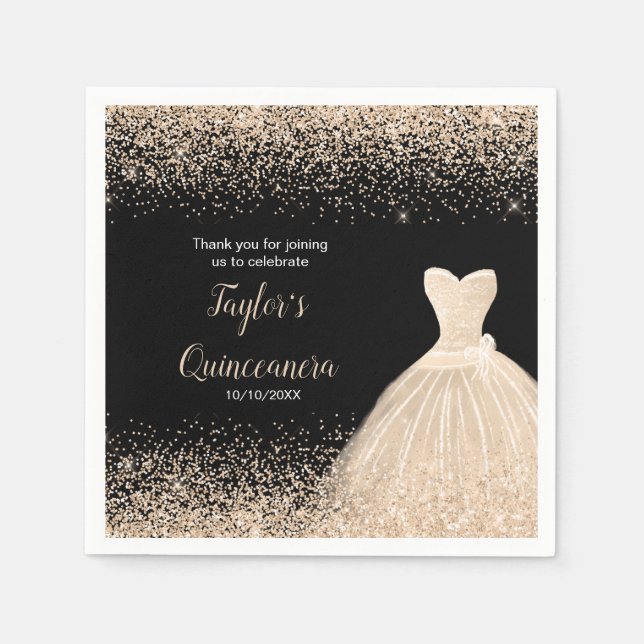 Guardanapo De Papel Quinceanera Champagne Faux Glitter (Frente)