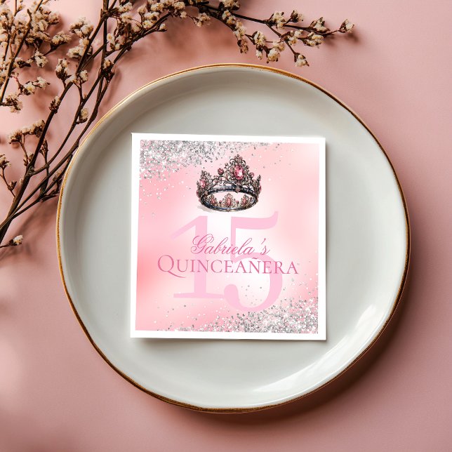 Guardanapo De Papel Quinceanera da Princesa Rosa Elegante (Elegant Pink Princess Crown Quinceanera Napkins)