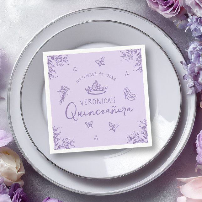 Guardanapo De Papel Quinceanera do escribble da Lavanda elegante (Shown on a Standard Cocktail napkin)