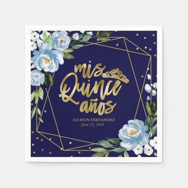 Guardanapo De Papel Quinceanera Floral Azul Dourada (Frente)