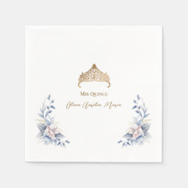 Guardanapo De Papel Quinceañera Floral Azul Tiara Dourada Elegante