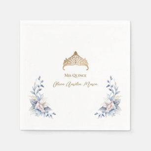 Guardanapo De Papel Quinceañera Floral Azul Tiara Dourada Elegante