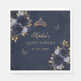 Guardanapo De Papel Quinceañera Floral Borboleta Dourada Azul-Marinho