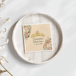 Guardanapo De Papel Quinceanera Floral Dourada Tiara e Peach Fuzz