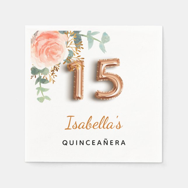 Guardanapo De Papel Quinceanera floral rosa de ouro eucalipto monogram (Frente)